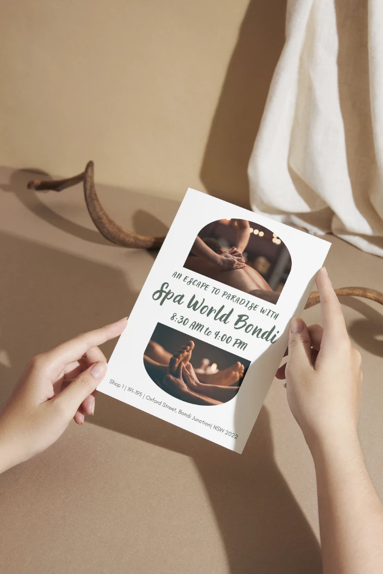Spa World Bondi brochure displayed in a sunlit interior